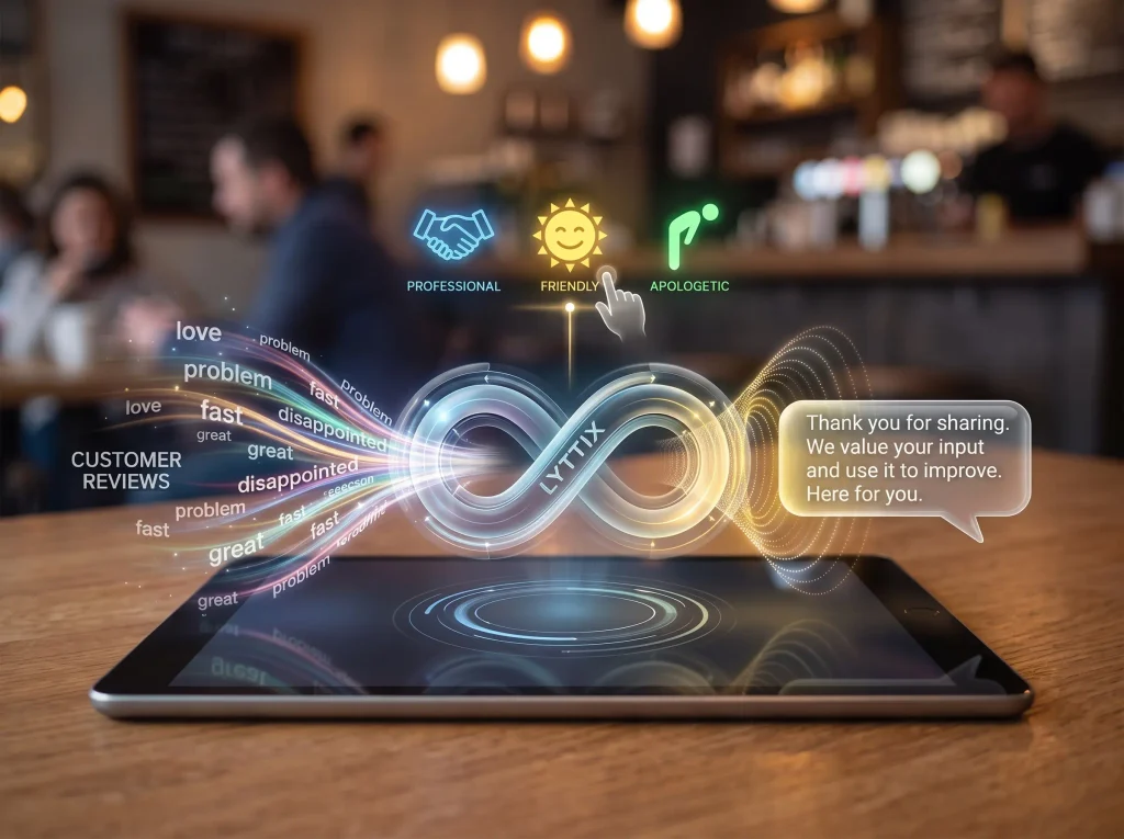 Holographic interface on a tablet showing customer review feedback loop.
