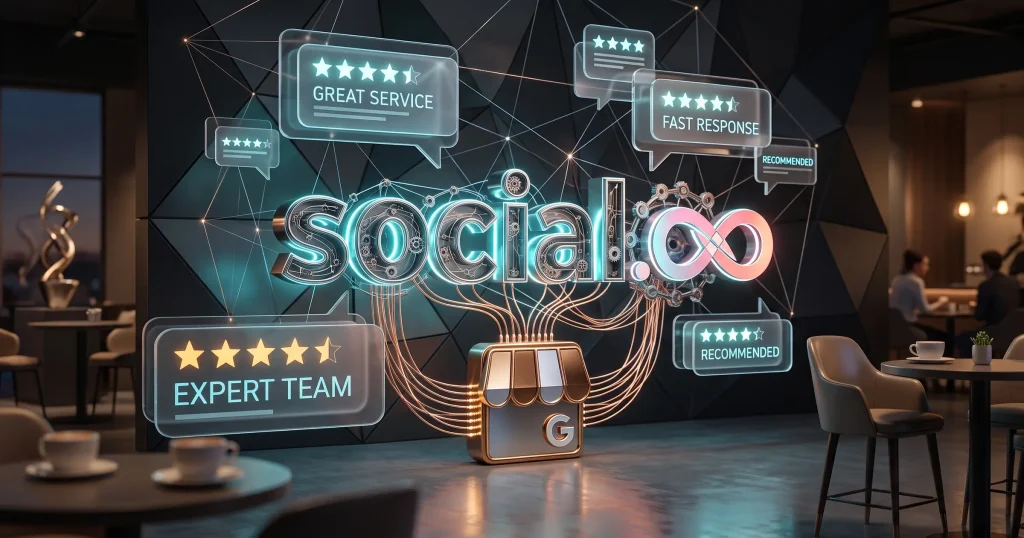 3D glowing social logo with reviews and store icon.