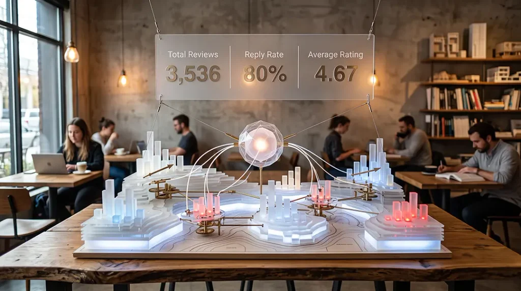 3D glowing data model and metrics overlay in a cafe.